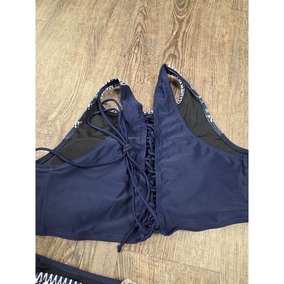 Cupshe NWT Navy Blue Green White Halter Top Corset Back Bikini Swim Set XL Suit - Picture 4 of 5